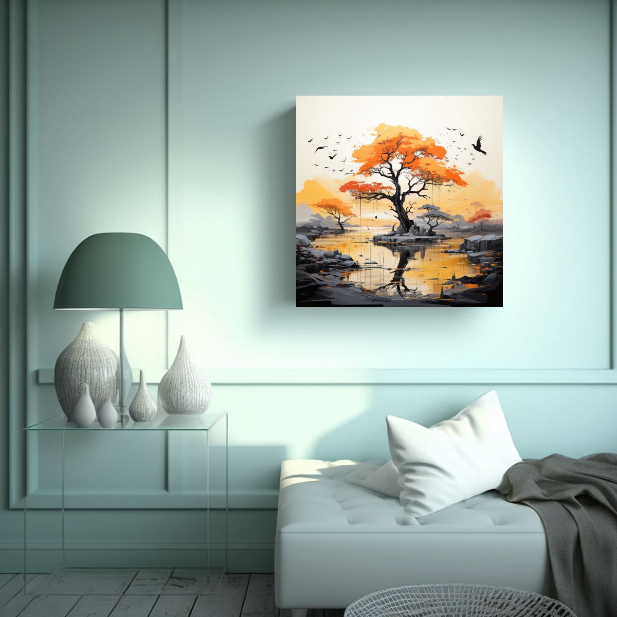 GENERICO - Pintura Abstracta árbol Acacia Naranja Y Negro 90x90 Cm