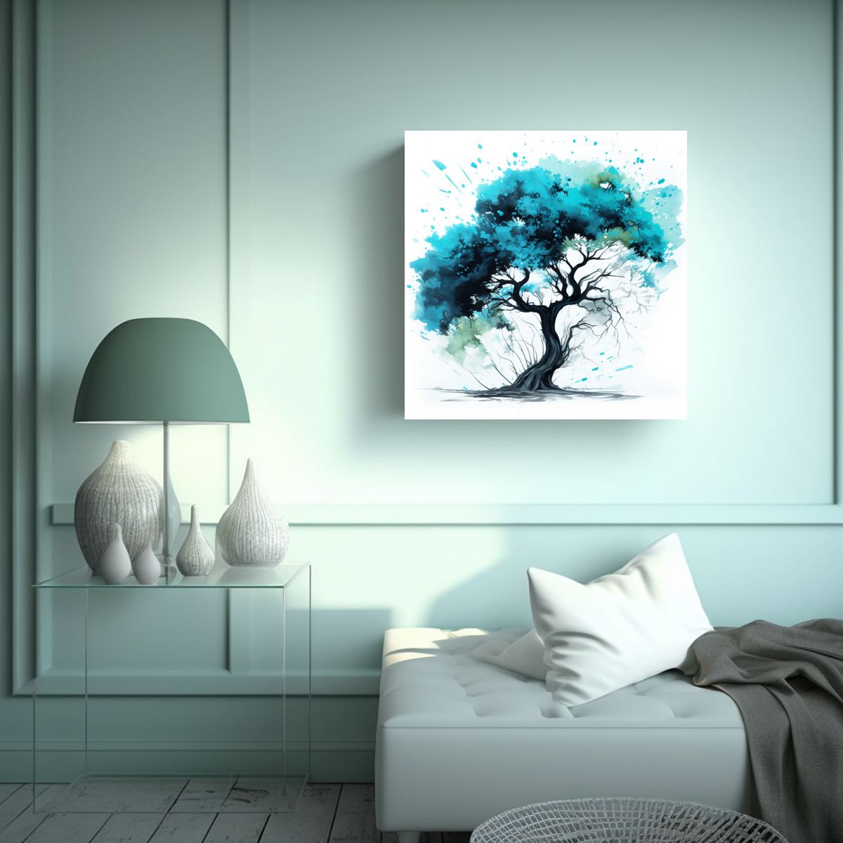 GENERICO - Pintura Abstracta árbol Acacia Turquesa Y Negro 50x50 Cm