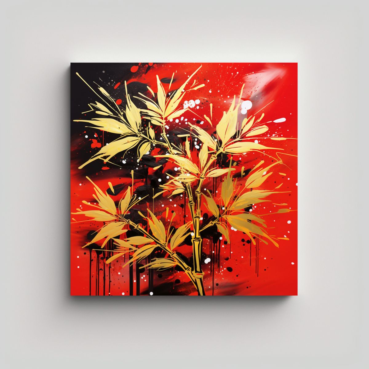 GENERICO - Cuadro De Bambú En Rojo Y Dorado Con Líneas 60x60 Cm
