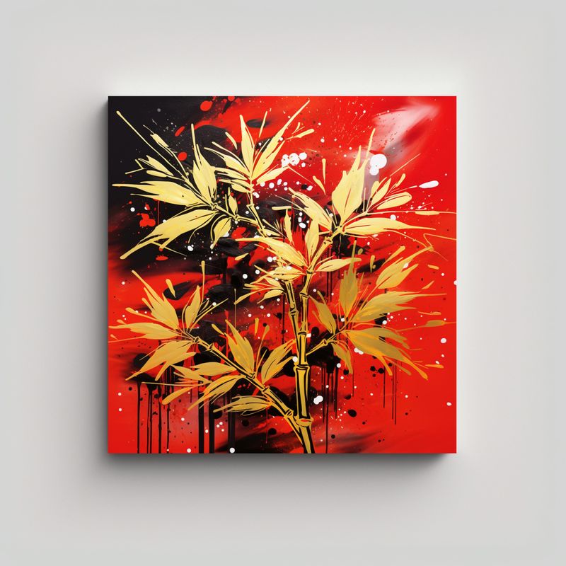 GENERICO - Cuadro De Bambú En Rojo Y Dorado Con Líneas 60x60 Cm