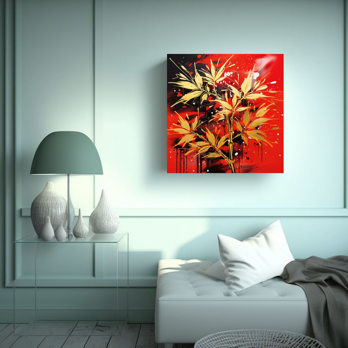 GENERICO - Cuadro De Bambú En Rojo Y Dorado Con Líneas 70x70 Cm