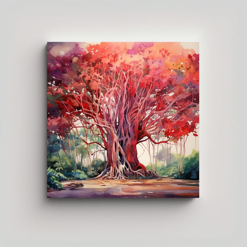 GENERICO - Arte Abstracto A Banyan Tree En Colores Rojo Y 70x70 Cm