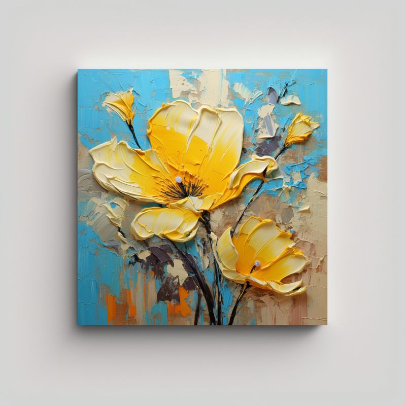 GENERICO - Pintura De Flores Amarillas Y Cian En Lienzo Para 60x60 Cm