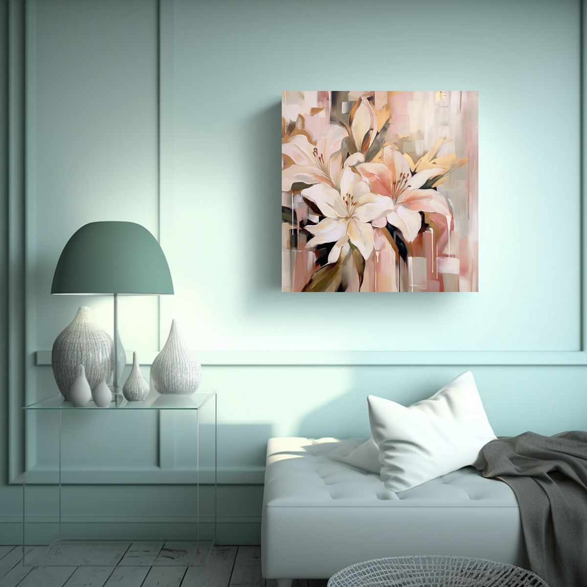 GENERICO - Pintura Abstracta Lirio Y Orquídea En Tonos Oro 70x70 Cm