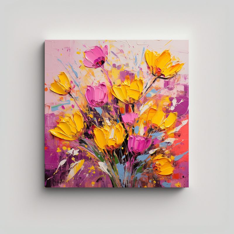 GENERICO - Pintura Floral En Lienzo Amarillo Y Magenta Para 80x80 Cm