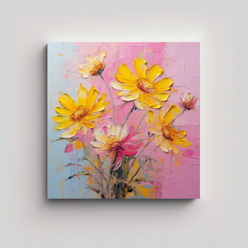 GENERICO - Cuadro Composición Flores Amarillas Y Rosadas En 80x80 Cm