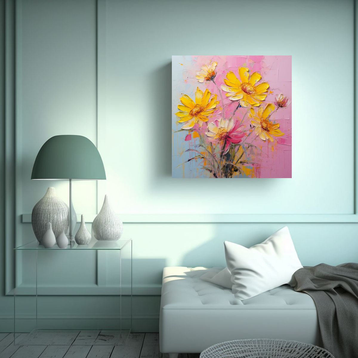 GENERICO - Cuadro Composición Flores Amarillas Y Rosadas En 50x50 Cm