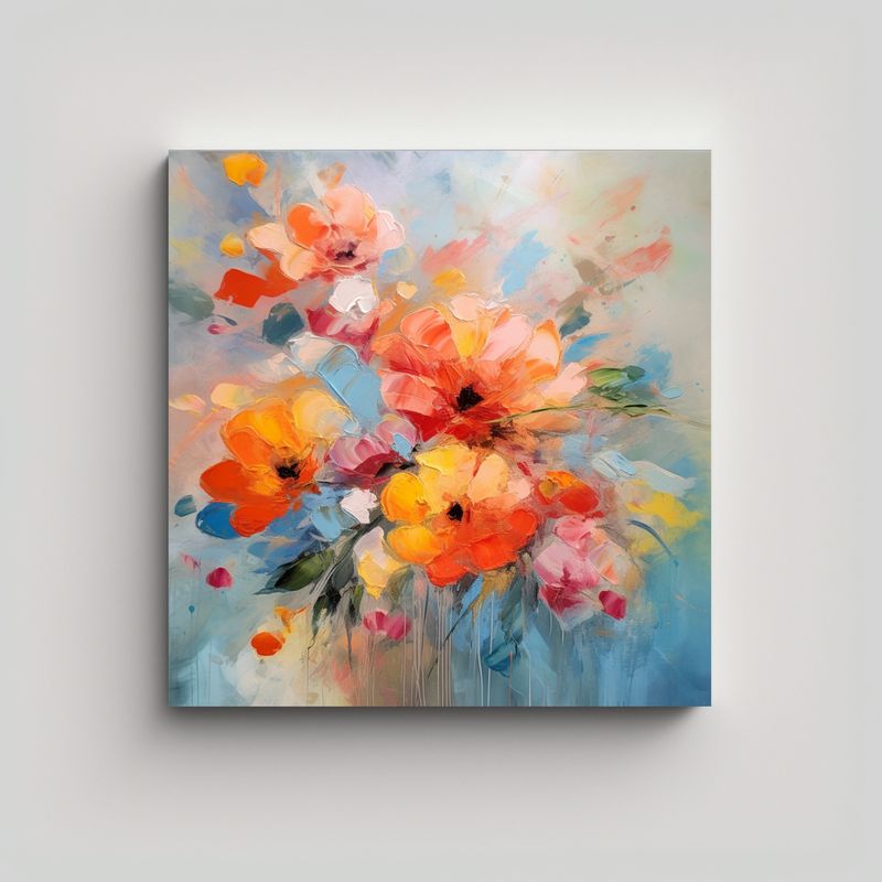 GENERICO - Pintura Abstracta De Flores Rojas Y Naranjas Para 60x60 Cm