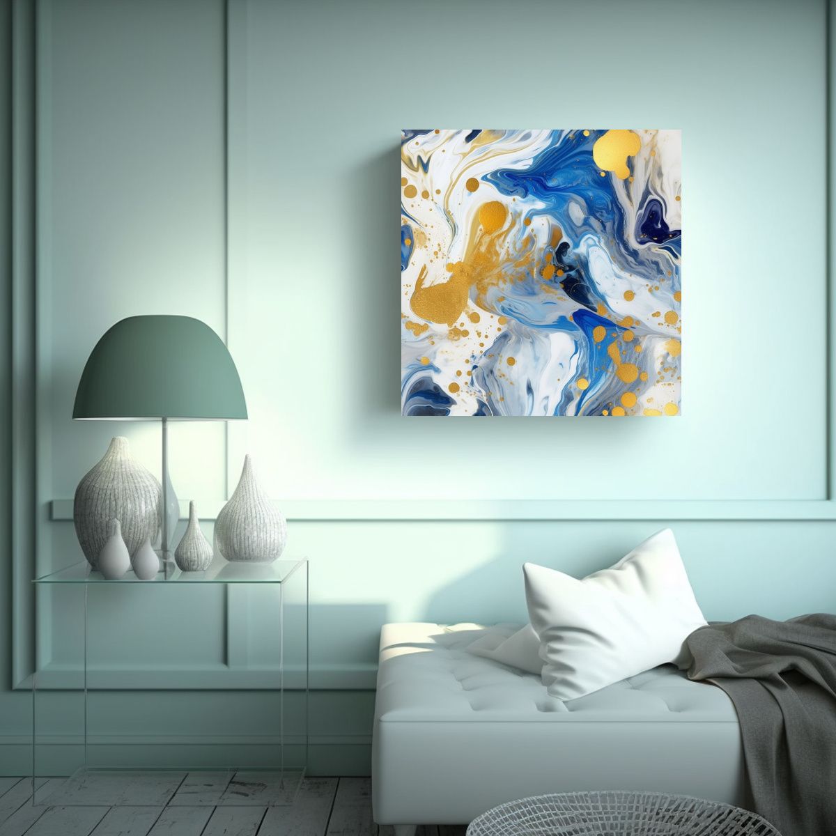 GENERICO - Cuadro Abstracto Con Salpicaduras De Azul, Oro Y 70x70 Cm