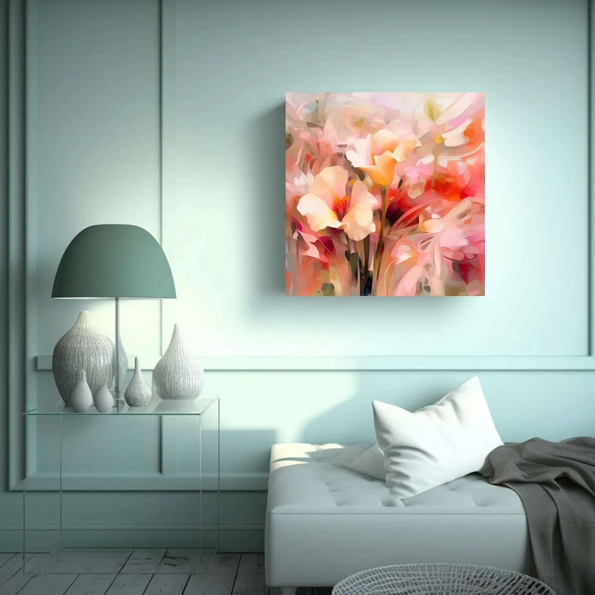 GENERICO - Cuadros Abstractos De Flores En Tonos Crema Y 60x60 Cm