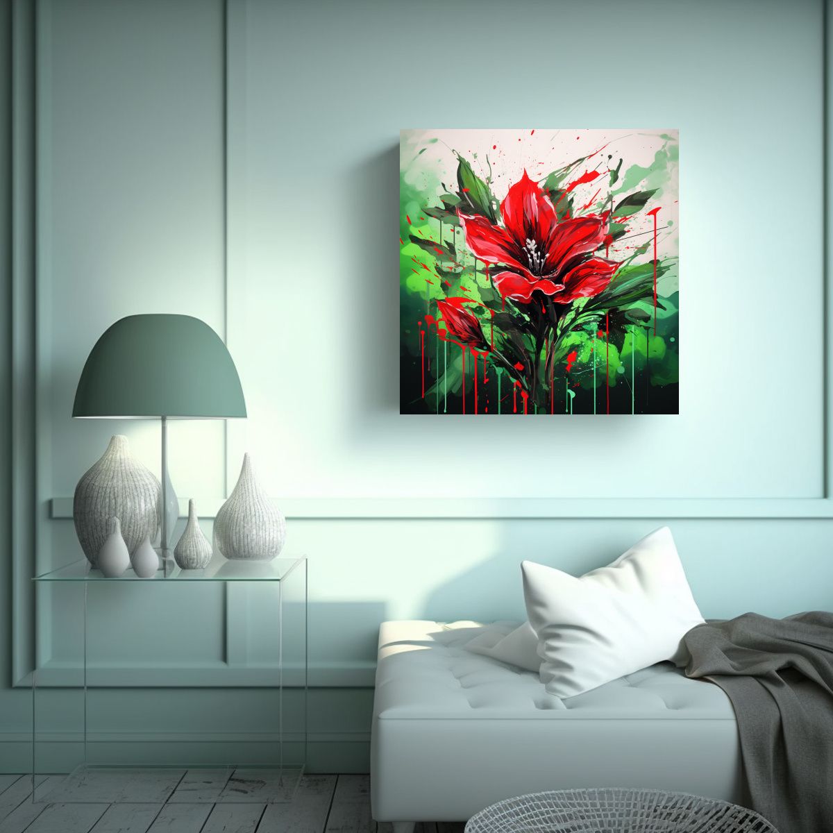 GENERICO - Cuadro Moderno Verde Y Rojo Ambiente Neonoir 80x80 Cm