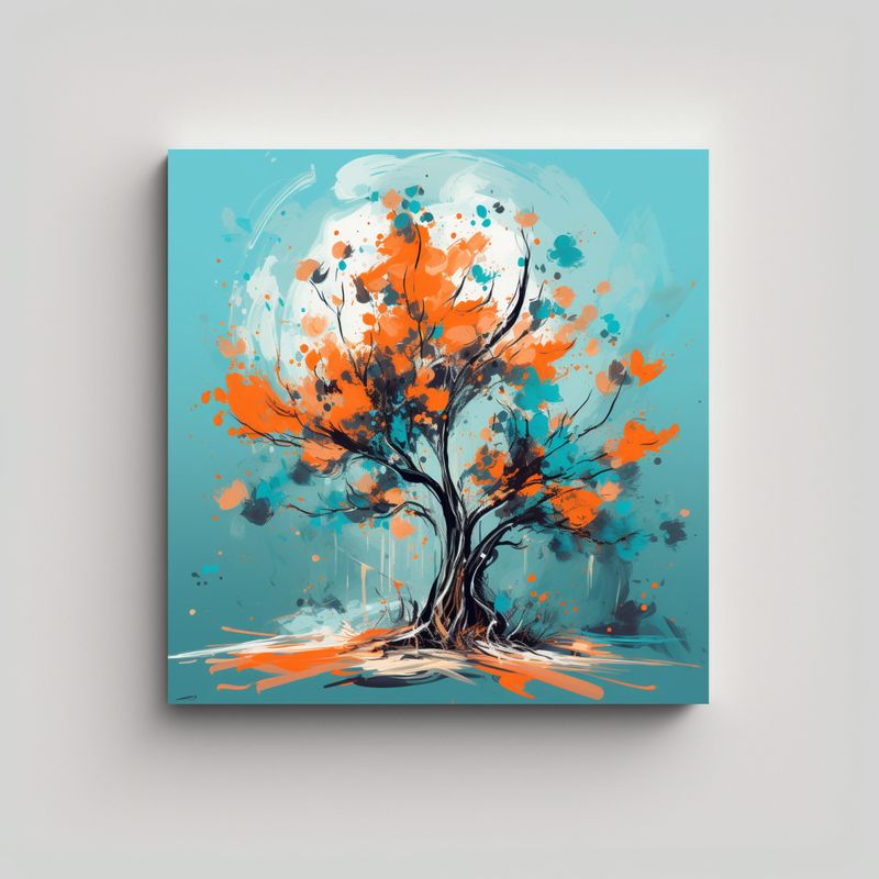 GENERICO - Cuadro Expresión Bosque Turquesa Y Naranja 90x90 Cm