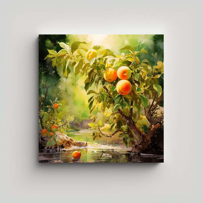 GENERICO - Composición Acuarela Vida Árboles Fruta Colores 80x80 Cm