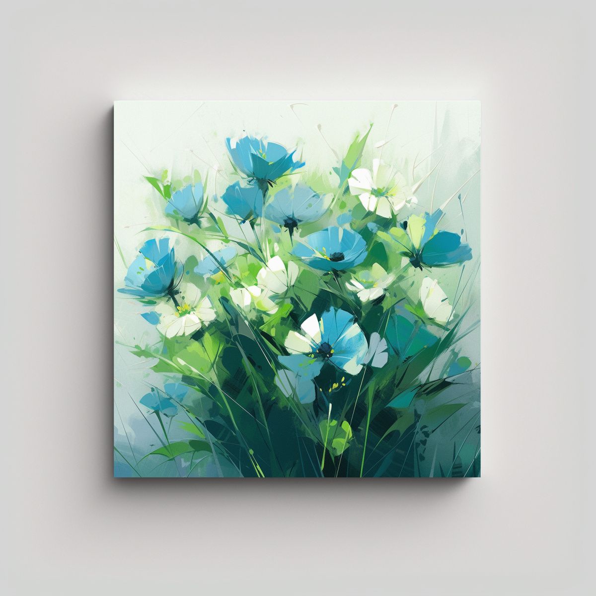 GENERICO - Pintura Artesanal De Flores Verdes Y Azules En 50x50 Cm