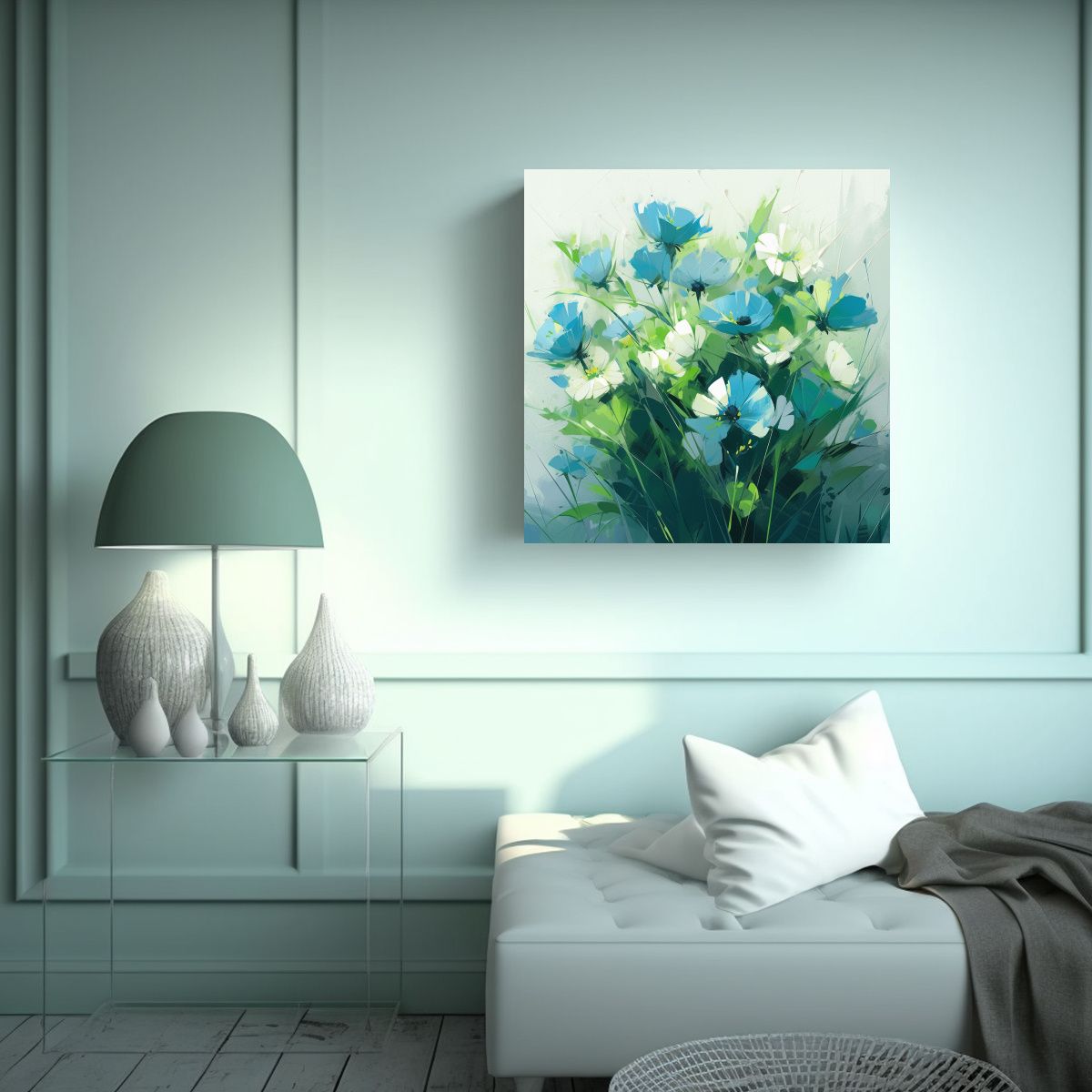 GENERICO - Pintura Artesanal De Flores Verdes Y Azules En 50x50 Cm