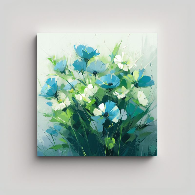 GENERICO - Pintura Artesanal De Flores Verdes Y Azules En 60x60 Cm
