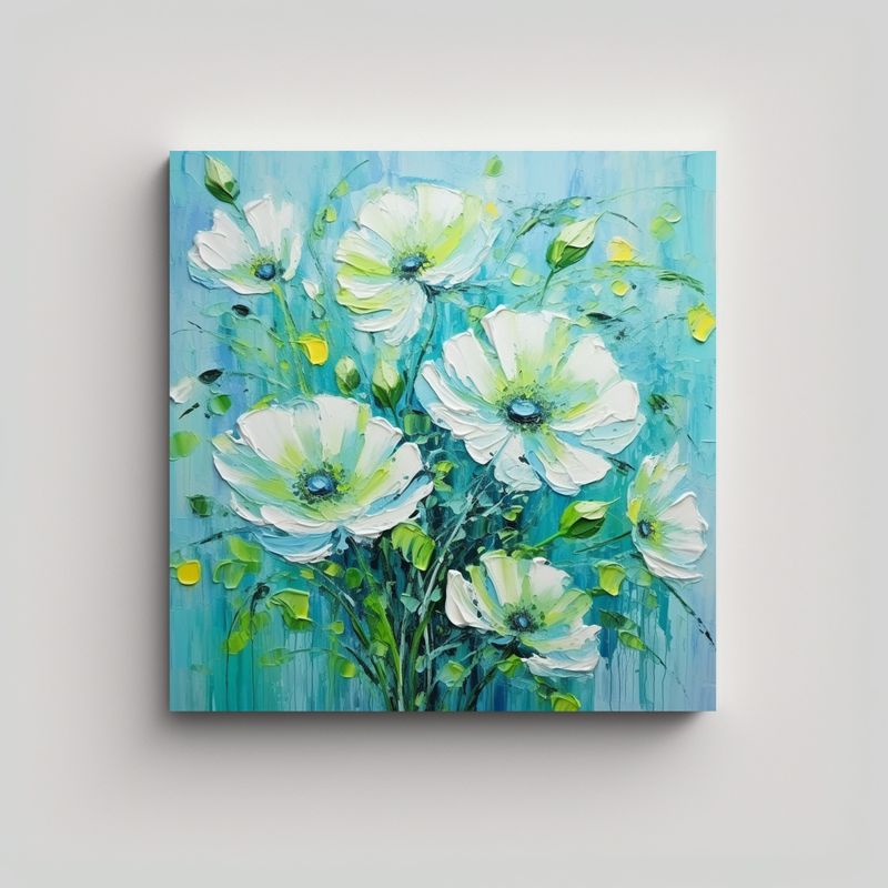 GENERICO - Pintura Lienzo Flores Verde Y Cian De Alta Calidad 80x80 Cm