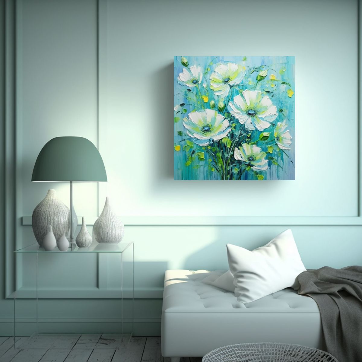 GENERICO - Pintura Lienzo Flores Verde Y Cian De Alta Calidad 60x60 Cm