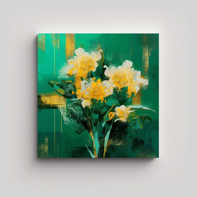 GENERICO - Pintura En Lienzo De Flores Verdes Y Doradas Con 90x90 Cm