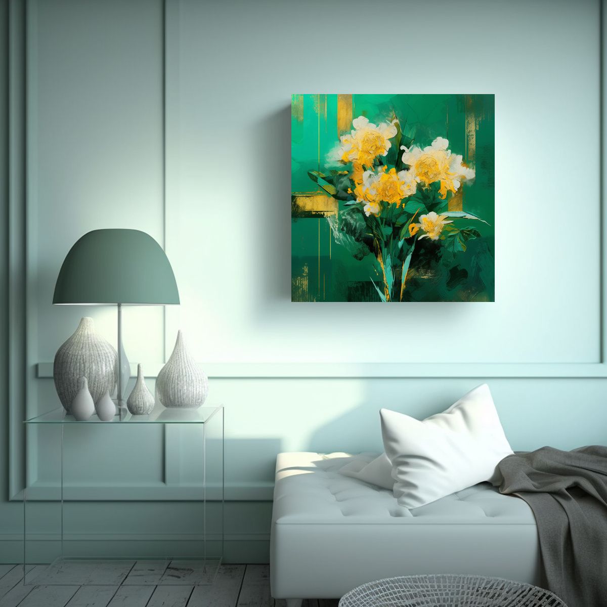 GENERICO - Pintura En Lienzo De Flores Verdes Y Doradas Con 50x50 Cm