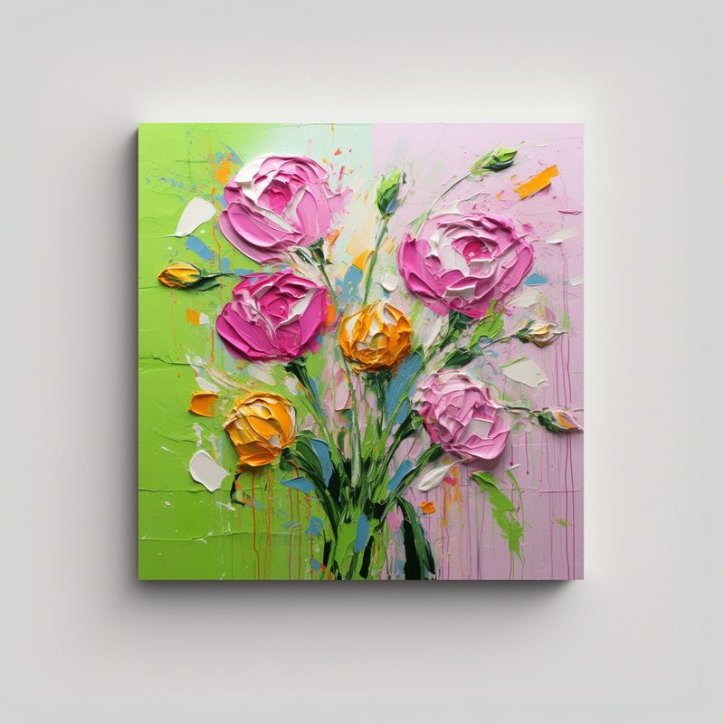 GENERICO - Pintura Floral Verde Y Rosa En Lienzo En 60x60 Cm