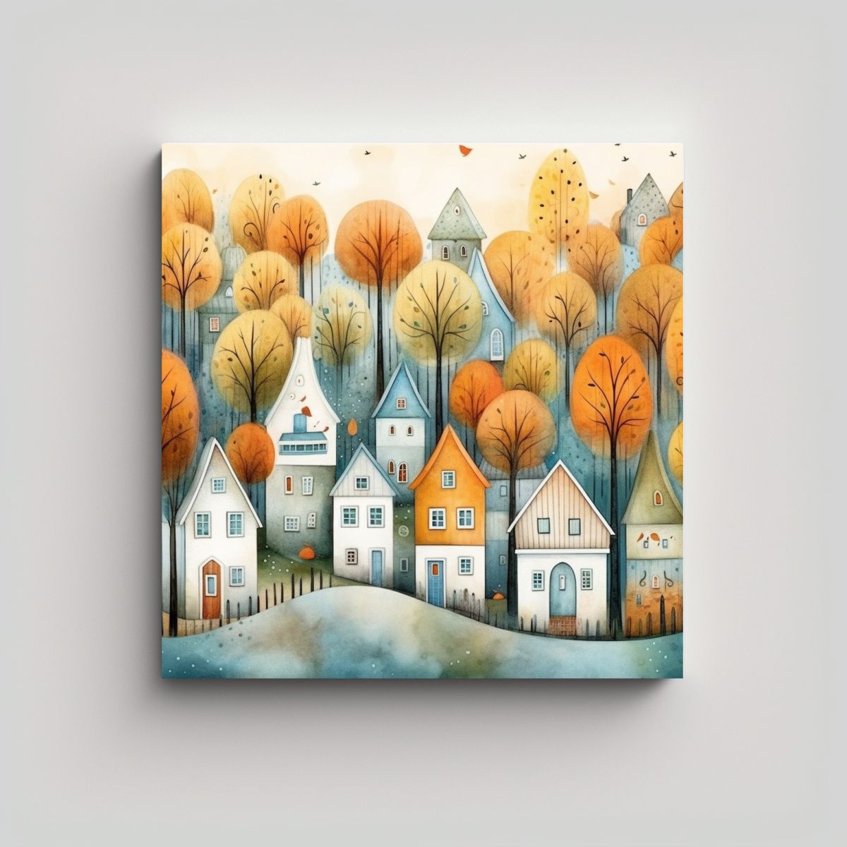 GENERICO - Paisaje Bosque Casas Con Árboles Pintura Cuadro 80x80 Cm