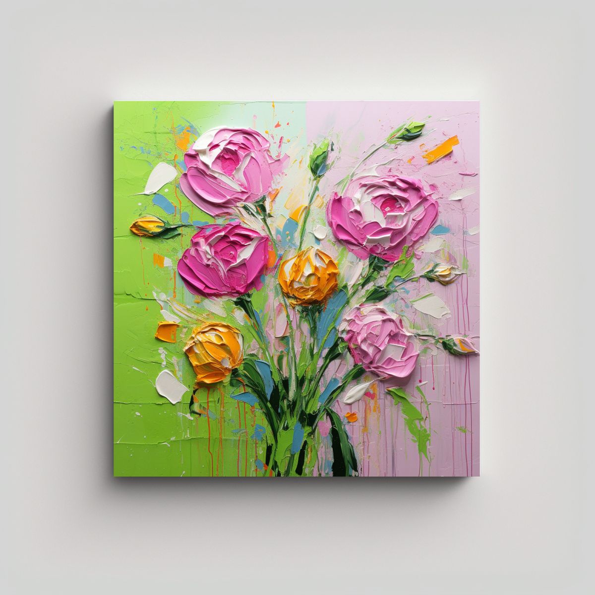 GENERICO - Pintura Floral Verde Y Rosa En Lienzo En 70x70 Cm