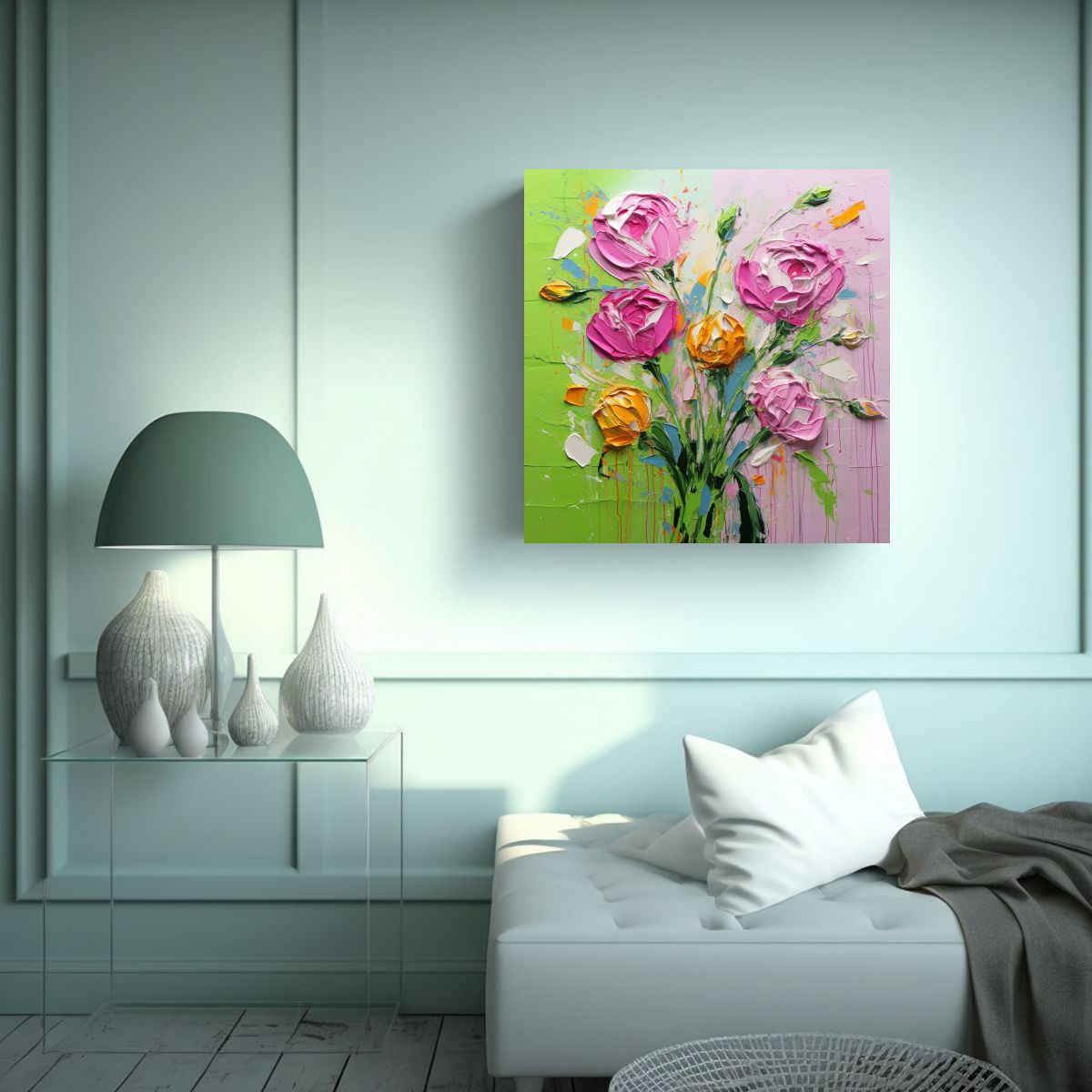 GENERICO - Pintura Floral Verde Y Rosa En Lienzo En 70x70 Cm