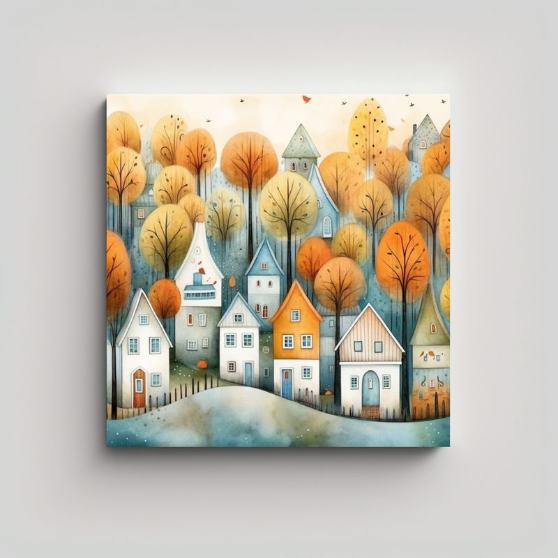GENERICO - Paisaje Bosque Casas Con Árboles Pintura Cuadro 50x50 Cm