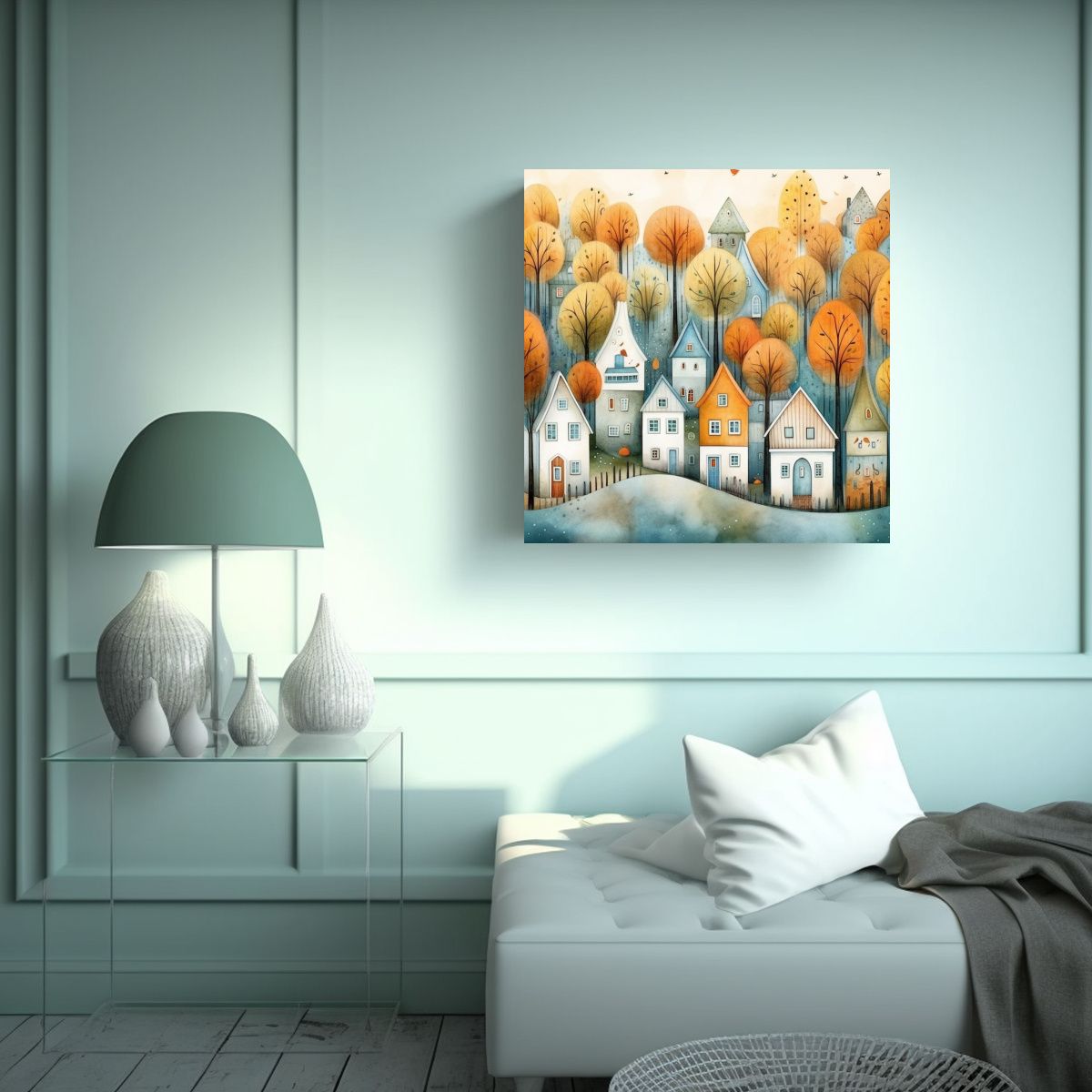 GENERICO - Paisaje Bosque Casas Con Árboles Pintura Cuadro 50x50 Cm