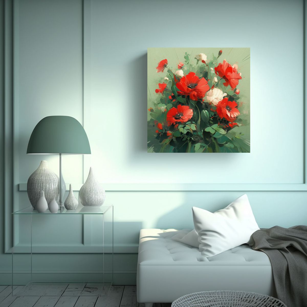 GENERICO - Pintura Impresa De Flores En Colores Verde Y Rojo 50x50 Cm