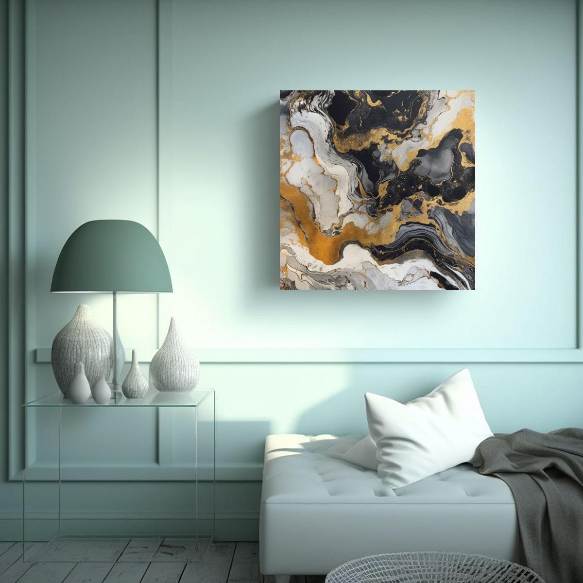 GENERICO - Pintura De Mármol Negro Y Dorado Estilo Aéreo: 70x70 Cm