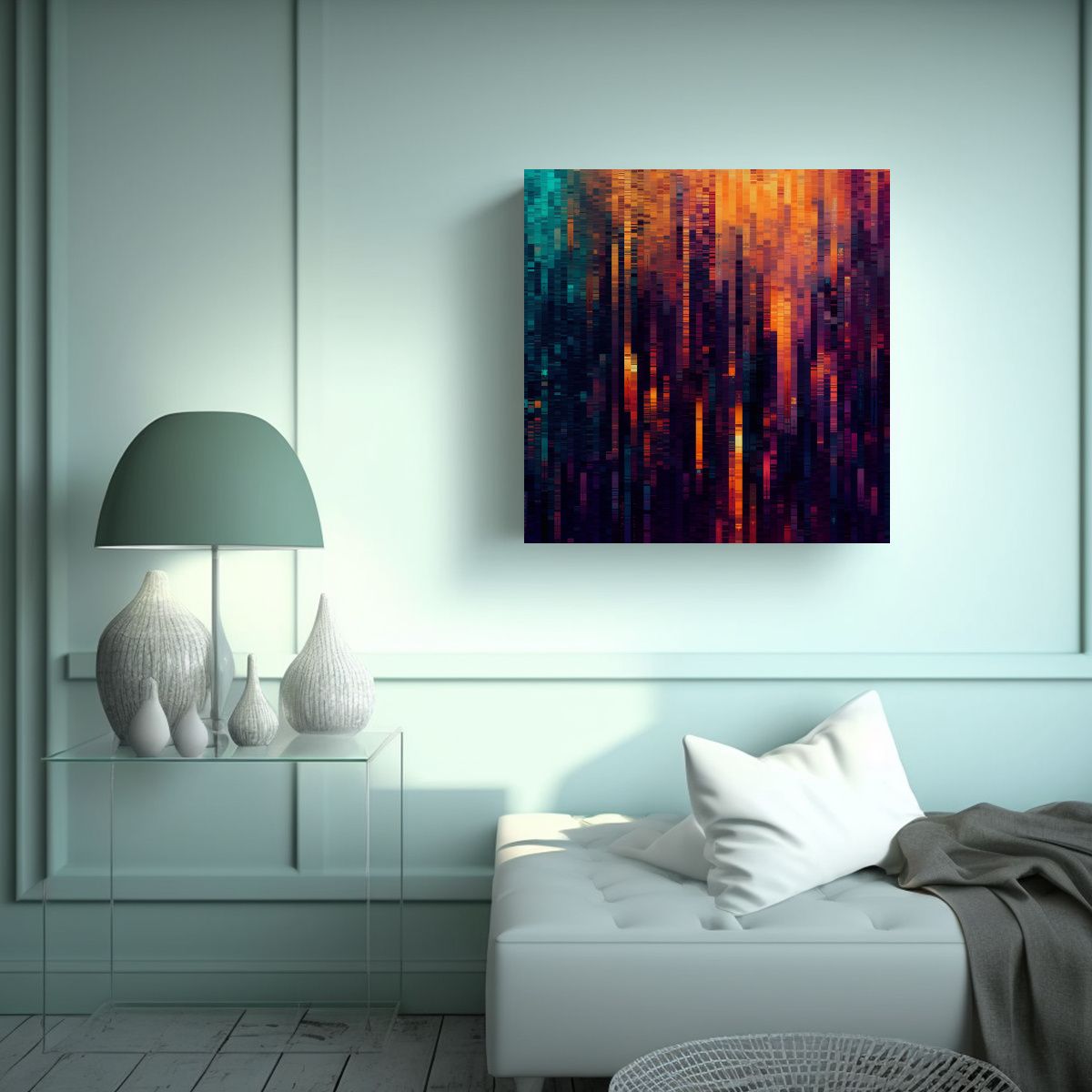 GENERICO - Lienzo Perspectiva Glitchcore En Tonos De Teal, 60x60 Cm