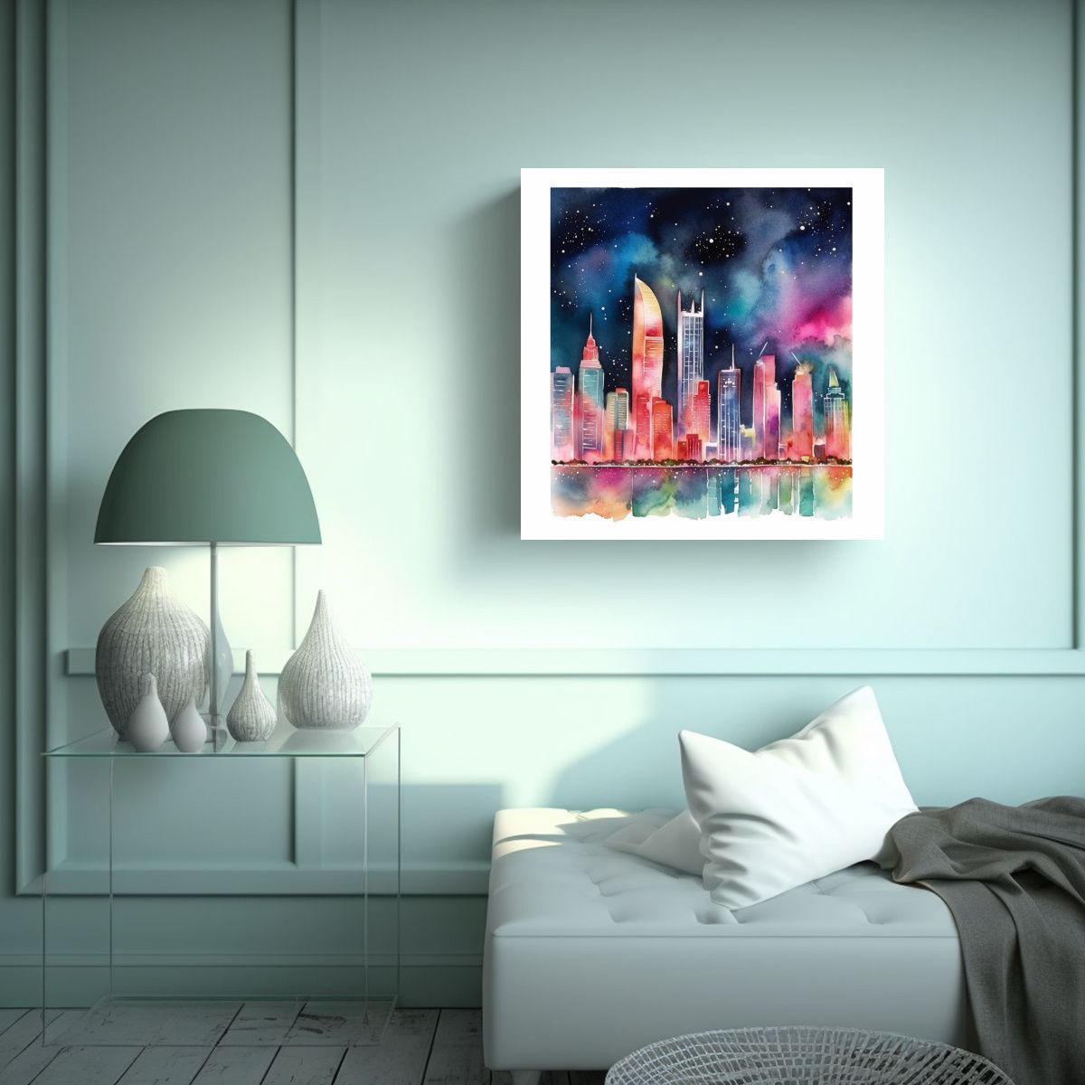 GENERICO - Cuadro De Lienzo: Ciudad Con Rascacielos Y Luces 50x50 Cm