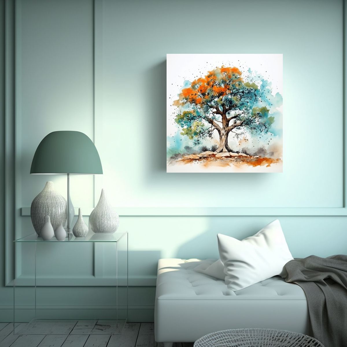 GENERICO - Cuadro Moderno De Árbol De Roble En Turquesa Y 50x50 Cm