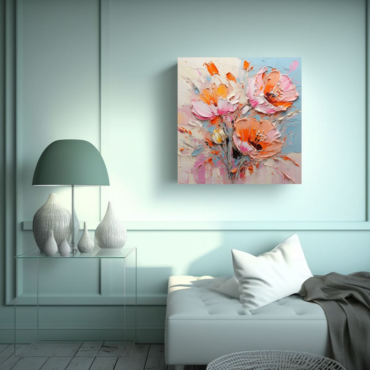 GENERICO - Pintura En Lienzo De Flores En Colores Naranja Y 80x80 Cm