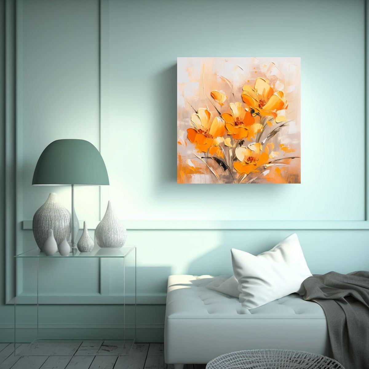 GENERICO - Pintura Dinámica De Flores En Colores Naranja Y 50x50 Cm