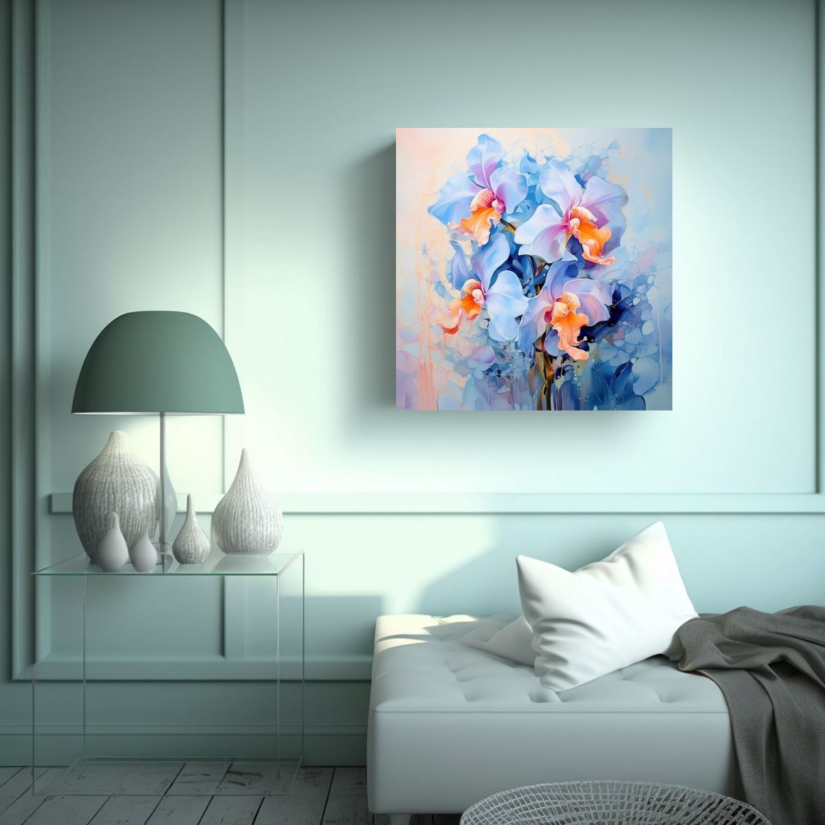 GENERICO - Cuadro Abstracto De Orquídeas Azules De Alta 80x80 Cm
