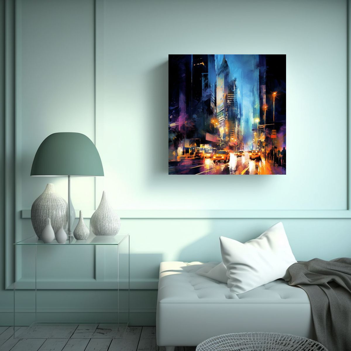 GENERICO - Cuadro Ciudad Nocturna Con Escena Animada En Tela 50x50 Cm
