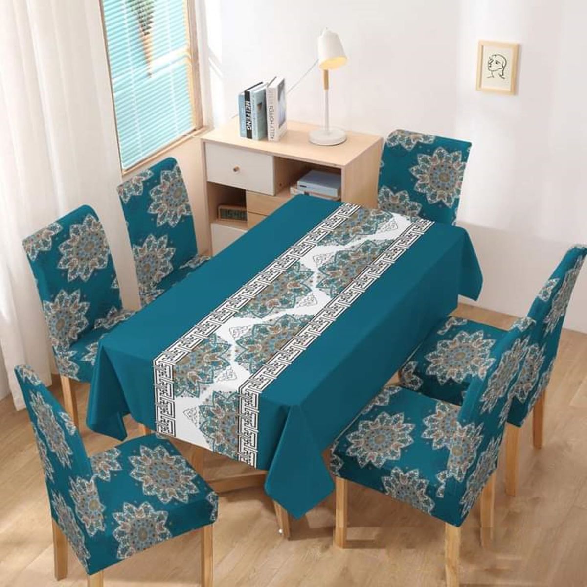 GENERICO - MANTEL ANTIMANCHA CON 6 FUNDA SILLA DISEÑO TURQUESA MANDADA TF