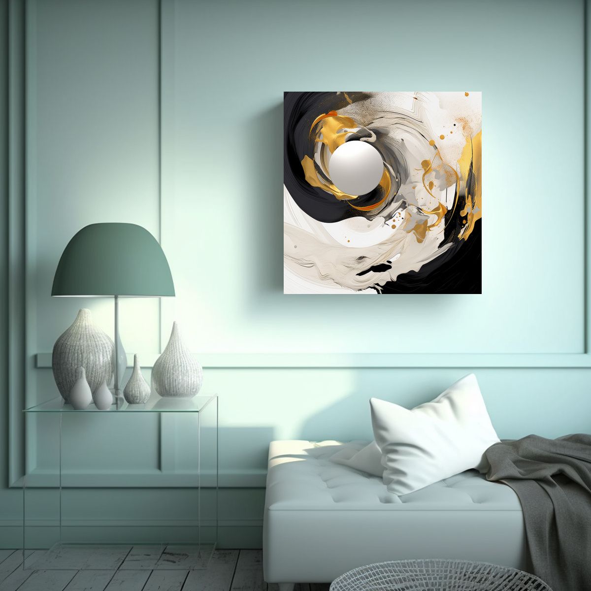 GENERICO - Cuadro Abstracto Llamativo En Oro Blanco Y Negro 60x60 Cm