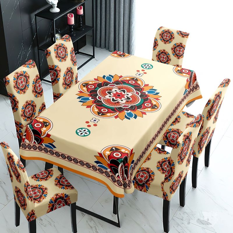 GENERICO - MANTEL ANTIMANCHA CON 6 FUNDA SILLA DISEÑO MANDADA BEIGE TF
