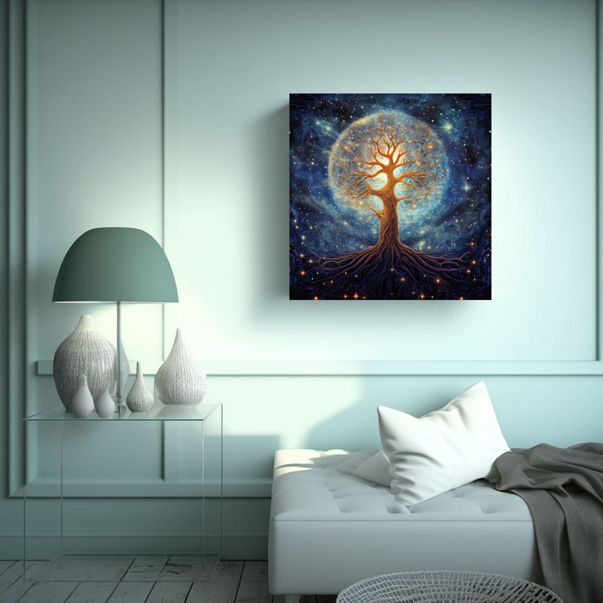 GENERICO - Pintura Mural Figuras Cósmicas Con Árbol 80x80 Cm