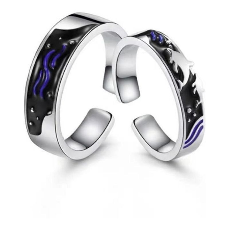 GENERICO - Anillos Plata Pareja Compromiso Oceano Ballena Ajustable