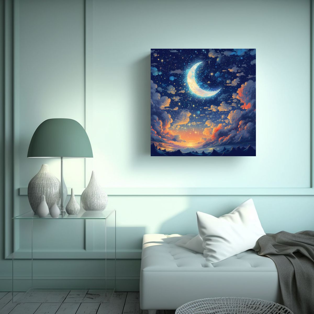 GENERICO - Arte Cuadrado Exposición Nocturna Estrellas Luna 50x50 Cm