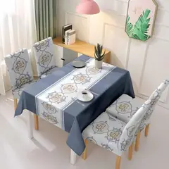 GENERICO - MANTEL ANTIMANCHA CON 6 FUNDA SILLA DISEÑO AZUL PETROLEO TF