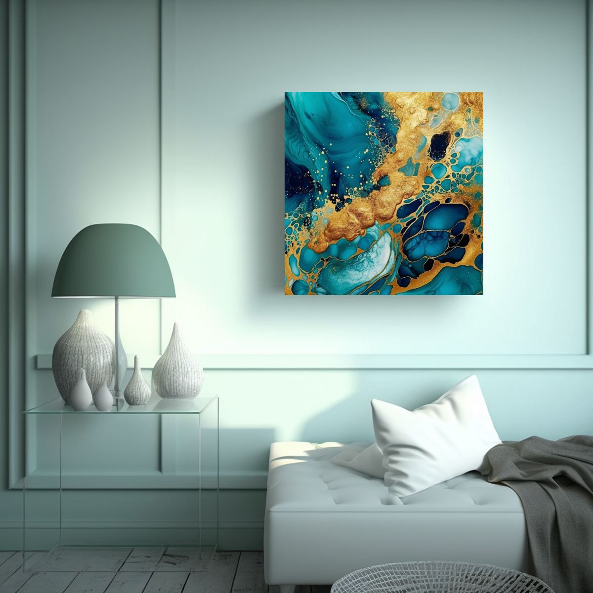 GENERICO - Pintura Abstracta De Tinta Alcohol En Teal Y Oro 80x80 Cm