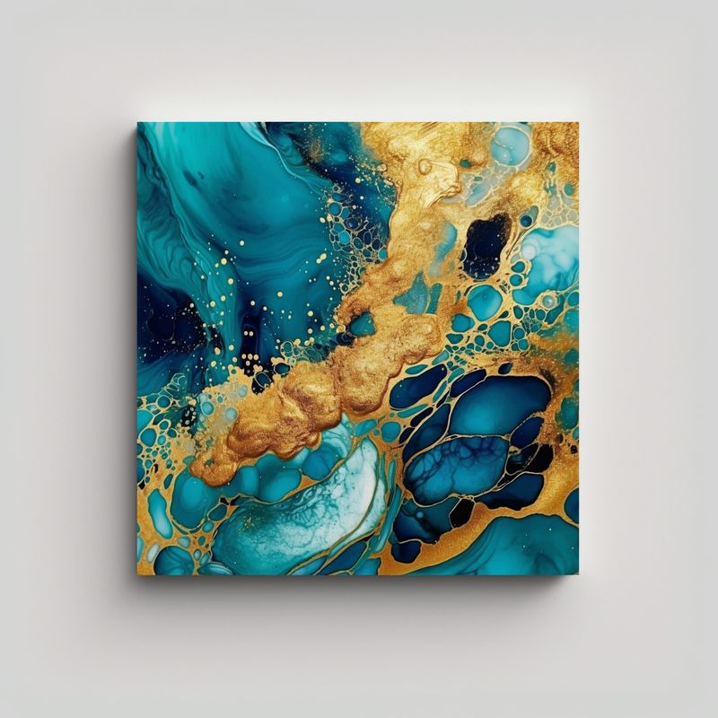 GENERICO - Pintura Abstracta De Tinta Alcohol En Teal Y Oro 50x50 Cm