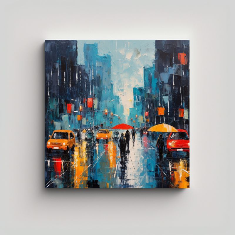 GENERICO - Pintura Abstracta De La Ciudad Bajo La Lluvia Con 60x60 Cm