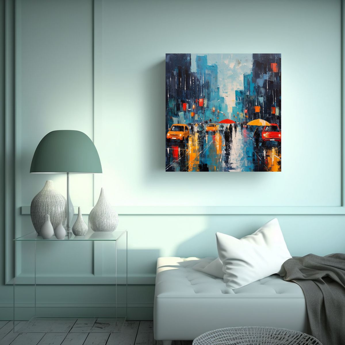 GENERICO - Pintura Abstracta De La Ciudad Bajo La Lluvia Con 50x50 Cm